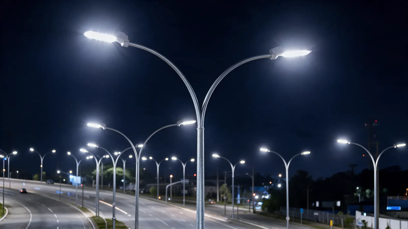 Postes de iluminação pública com luminárias LED em avenida à noite