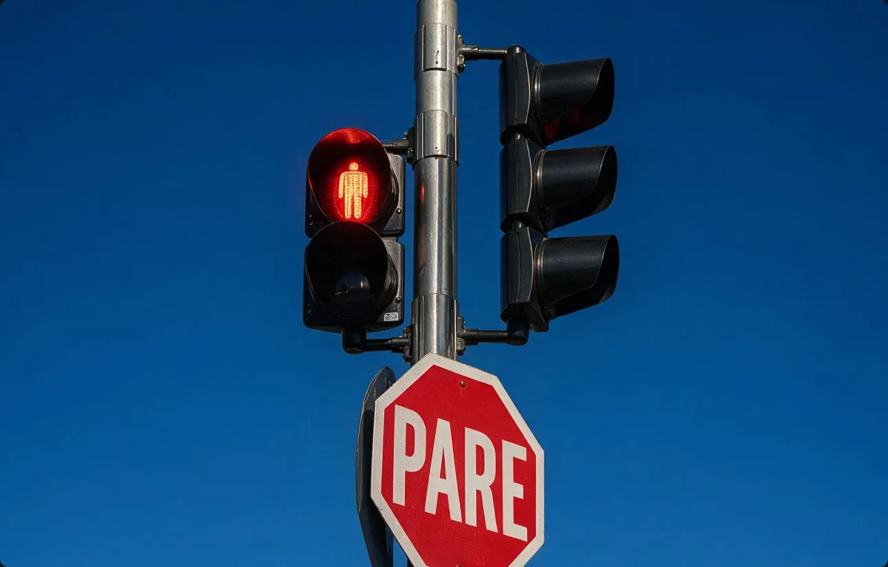 Radar misto junto a semáforo e placa de pare